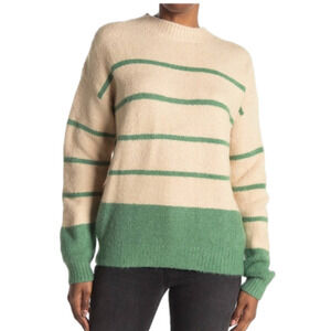 Lush Cream & Green Striped Long Sleeve Knit Crew Neck Sweater - Size Medium